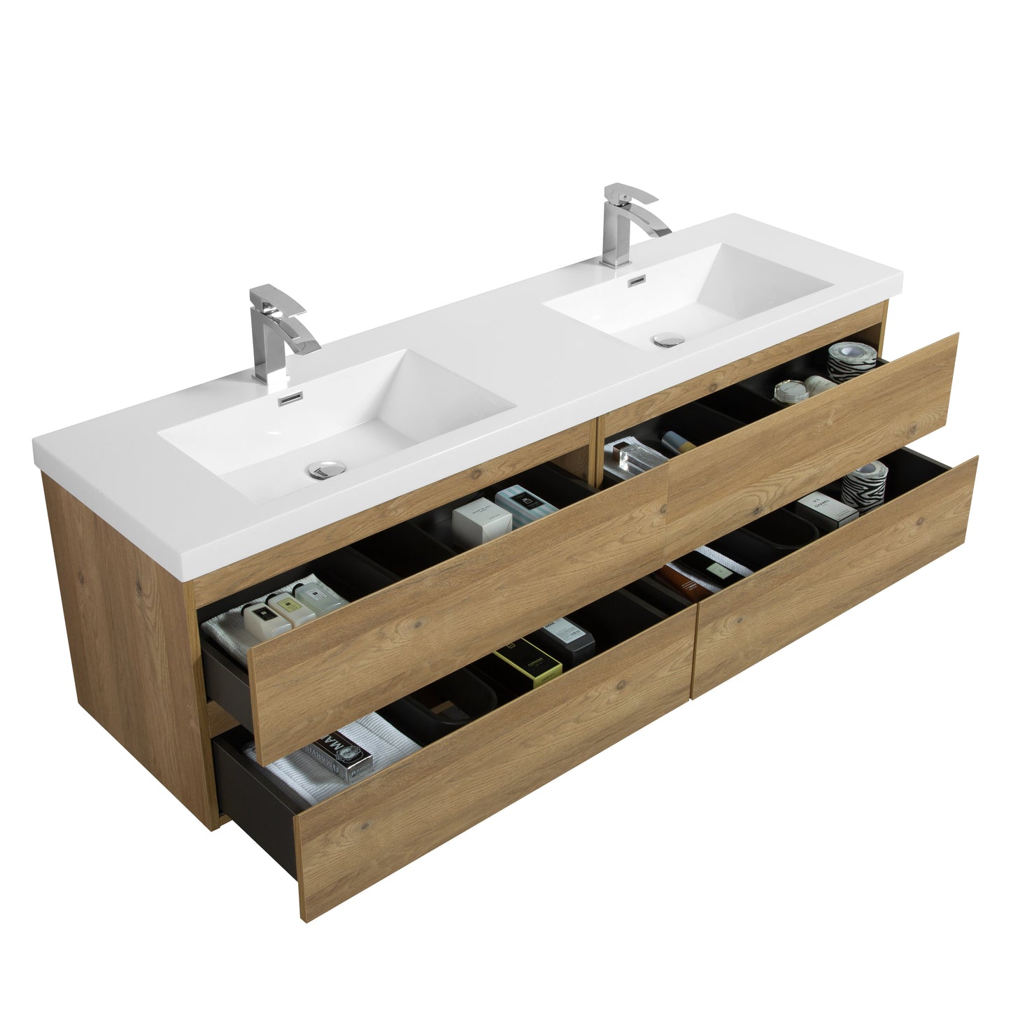 71'' Wall Mounted Double Bathroom Vanity in Natural Wood With White Solid Surface sink