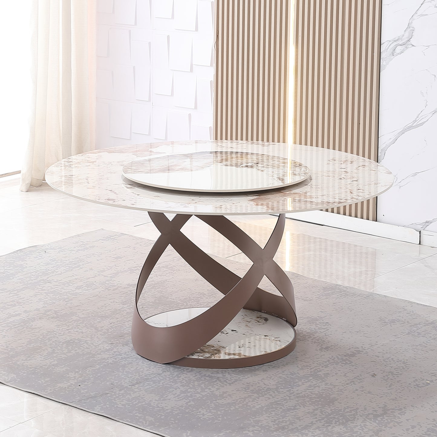 59.05"Modern Sintered stone dining table with 31.5" round turntable  and metal exquisite pedestal with 8 pcs Chairs .