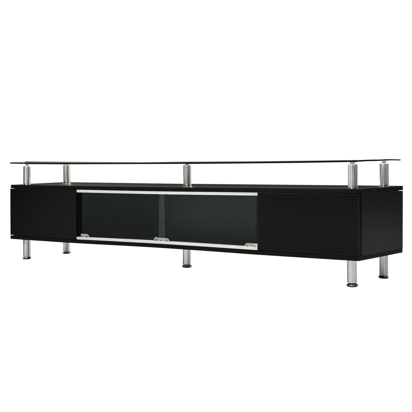 ON-TREND Sleek Design TV Stand with Silver Metal Legs for TV Up to 70", Tempered Glass TV Cabinet with Ample Storage Capacity, Contemporary Media Console with Sliding Glass Door for Living Room, Black