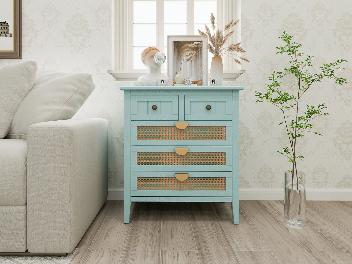 5 drawer cabinet,2 small and 3 large drawers,real wood texture,hand painted,natural rattan weaving,suitable for multiple scenes such as living room, bedroom, study room