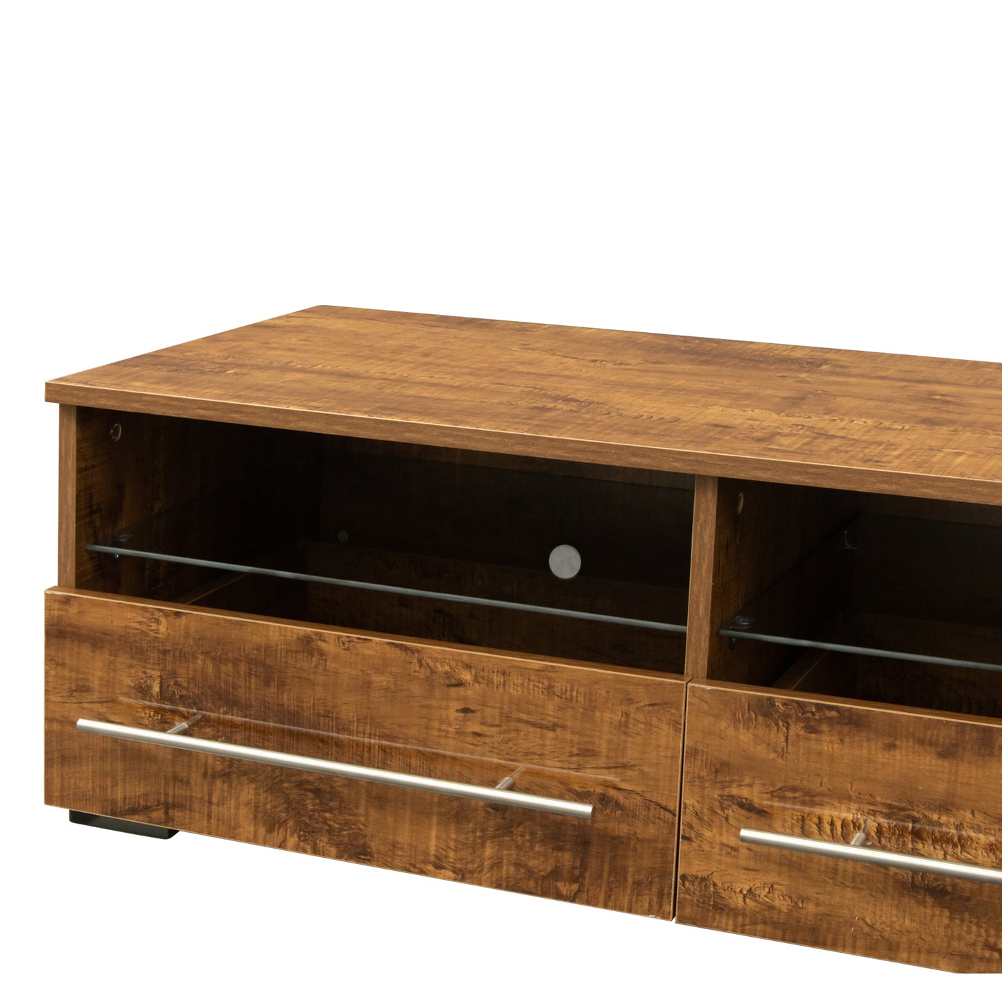 The walnut color TV cabinet has two drawers with color-changing light strips