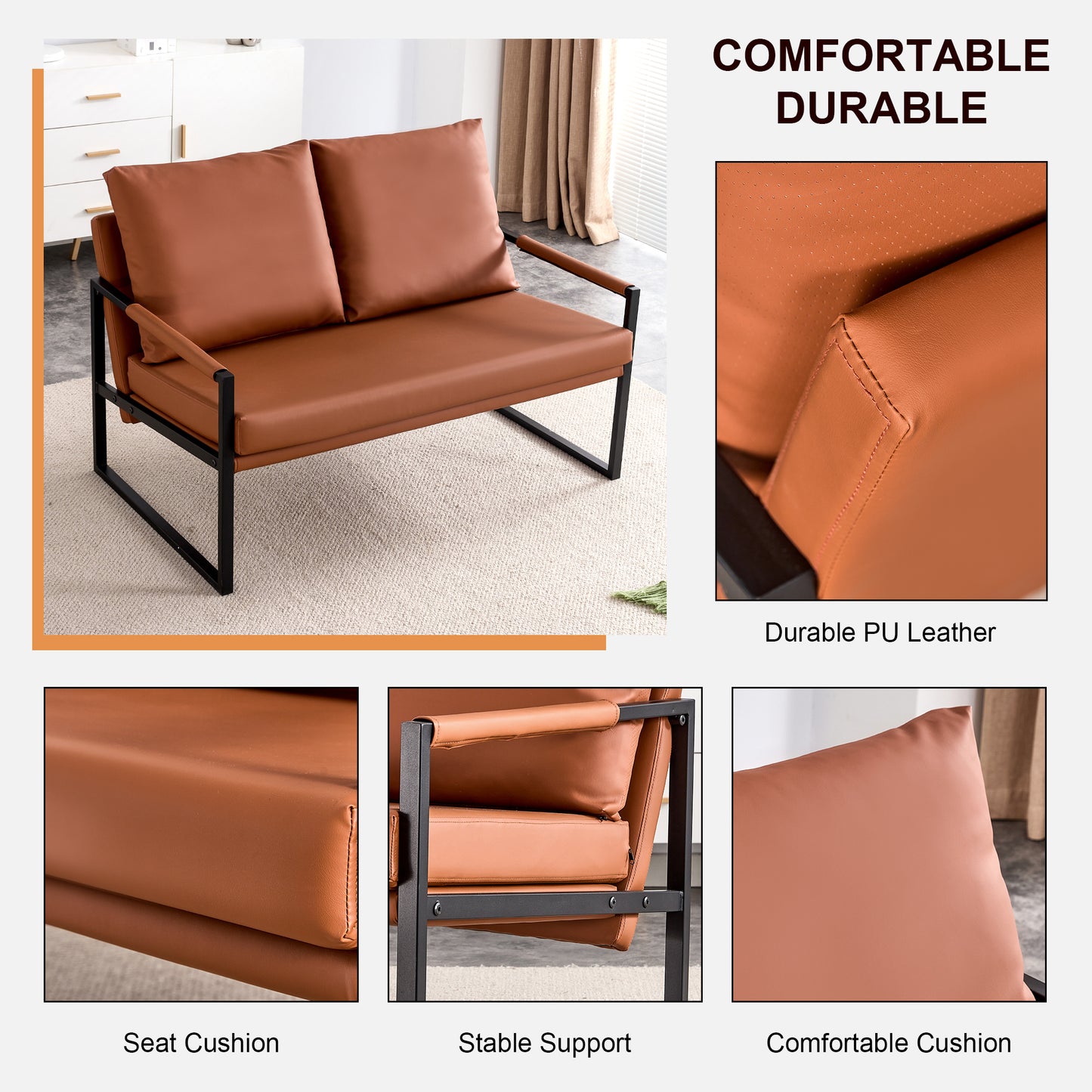 PU leather armchair metal frame upholstered armchair, upholstered backrest, living room sofa one double sofa+one single sofa (brown PU leather+metal frame+foam) SF-008