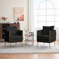 Modern Comfy Handmade Bucket Woven Velvet Accent Chair Arm Chair, Fluffy Tufted Upholstered Single Sofa Chair for Living Room, Bedroom, Office, Waiting Room, Black Velvet