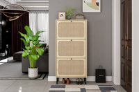 Natural  Rattan 3 Door Shoe Rack, Freestanding Modern Shoe Storage Cabinet, for Entryway