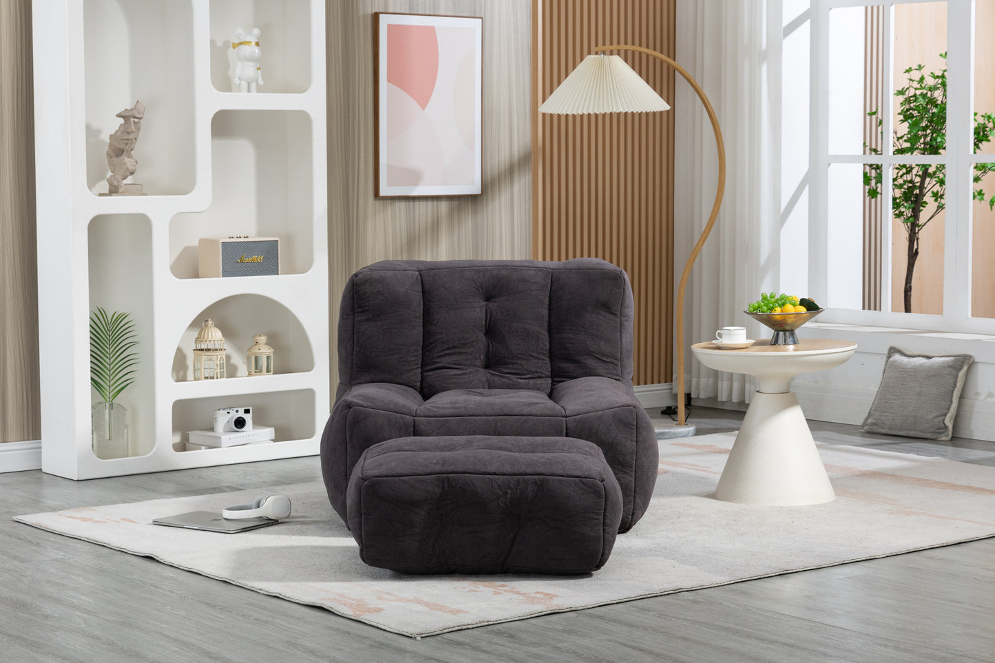 Fluffy bean bag chair, comfortable bean bag for adults and children, super soft lazy sofa chair with memory foam and ottoman, indoor modern focus bean bag chair for living room, bedroom, apartment