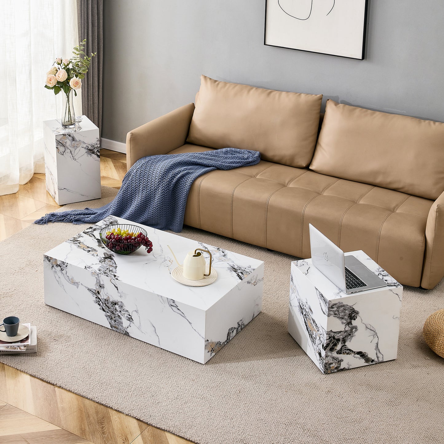 A stylish and durable design paired with a modern 3 piece coffee table set with marble patterns.