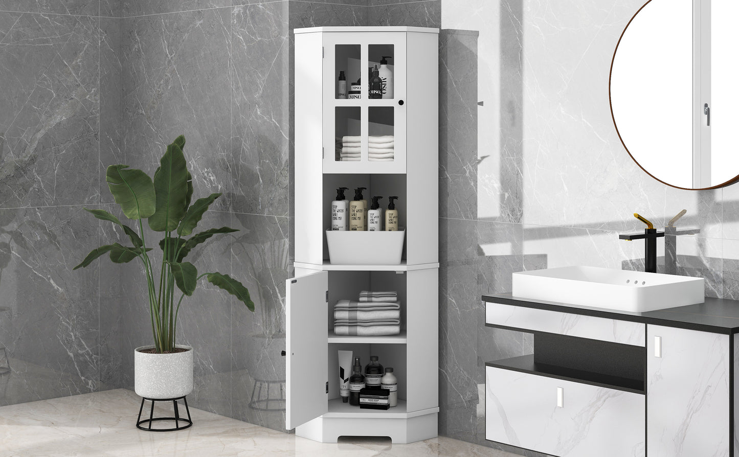 Tall Bathroom Storage Cabinet, Corner Cabinet with Glass Door, Open Storage, Adjustable Shelf, White