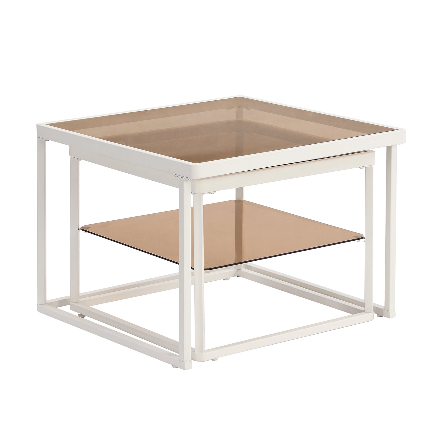 ON-TREND Modern Nested Coffee Table Set with High-low Combination Design, Brown Tempered Glass Cocktail Table with Metal Frame, Length Adjustable 2-Tier Center&End Table for Living Room, White