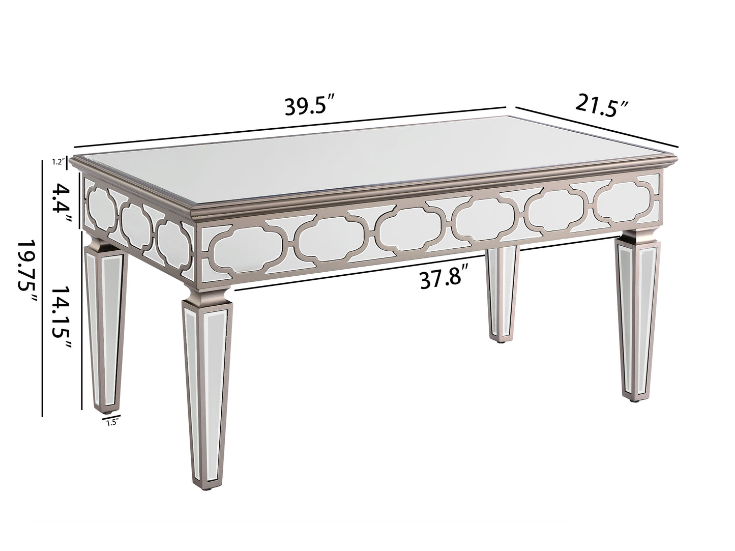 Elegant shiny silver mirror coffee table, cocktail table (39.5 "X 21.5" X 19.5 ")