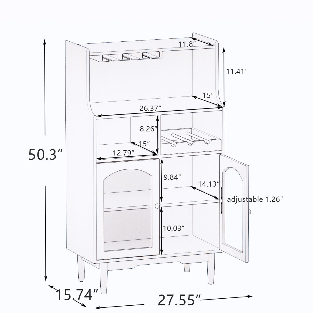 Living Room Grey color wine cabinet with removable rack and wine glass rack, one cabinet with glass doors