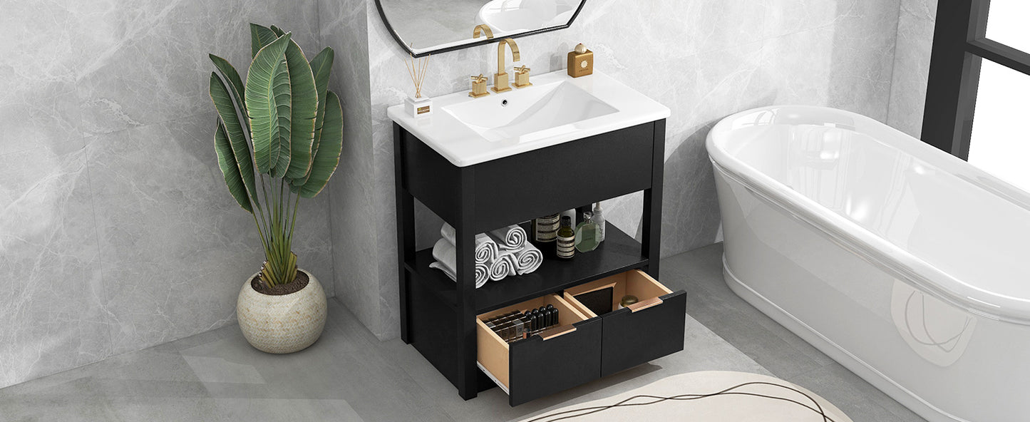 30" Bathroom Vanity with Sink Top, Bathroom Cabinet with Open Storage Shelf and Two Drawers, One Package, Black