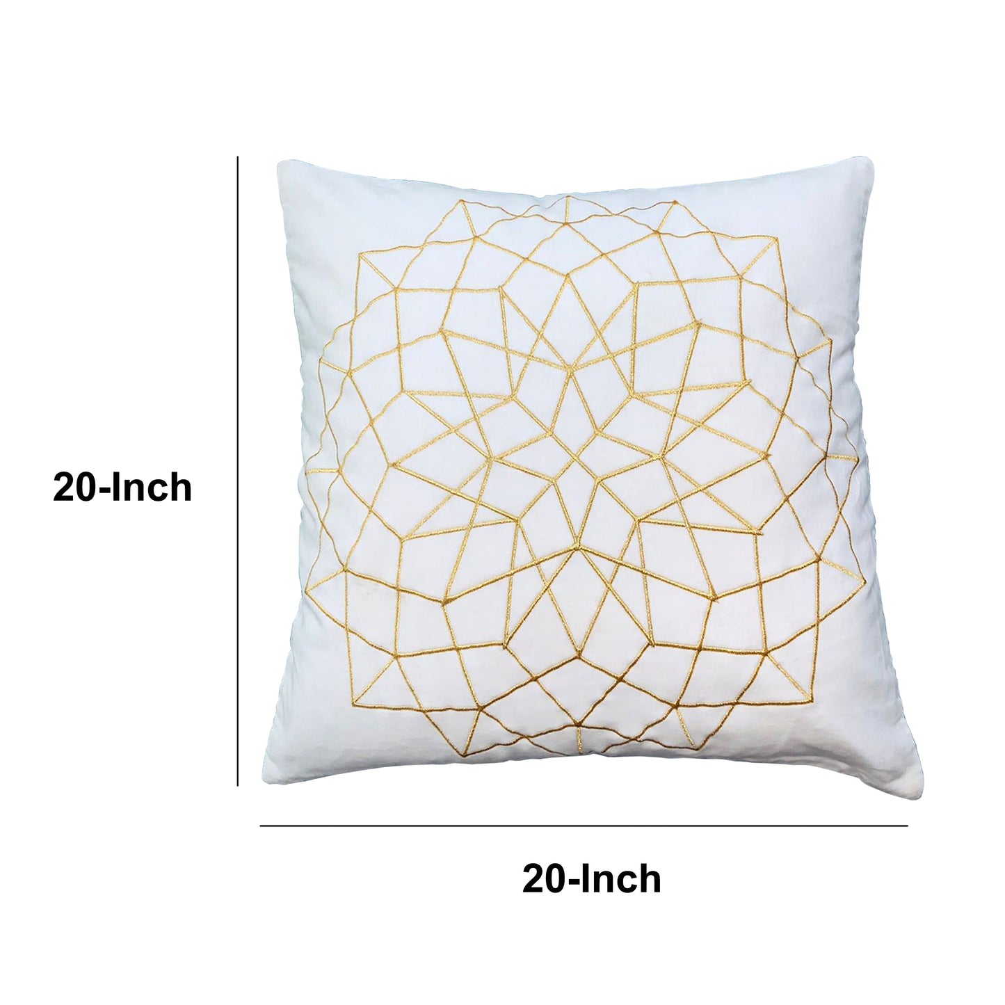 Hugo 20 x 20 Square Accent Throw Pillow, Embroidered Geometric Abstract Pattern, With Filler, White, Gold