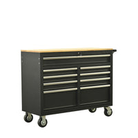 Premium 46-Inch Rolling Tool Chest with Wooden Top and 9 Drawers - 1500 lbs Load Capacity, Casters, Handle, Power Strip, Locking System - Perfect Mobile Storage Cabinet for Your Tools and Equipment.