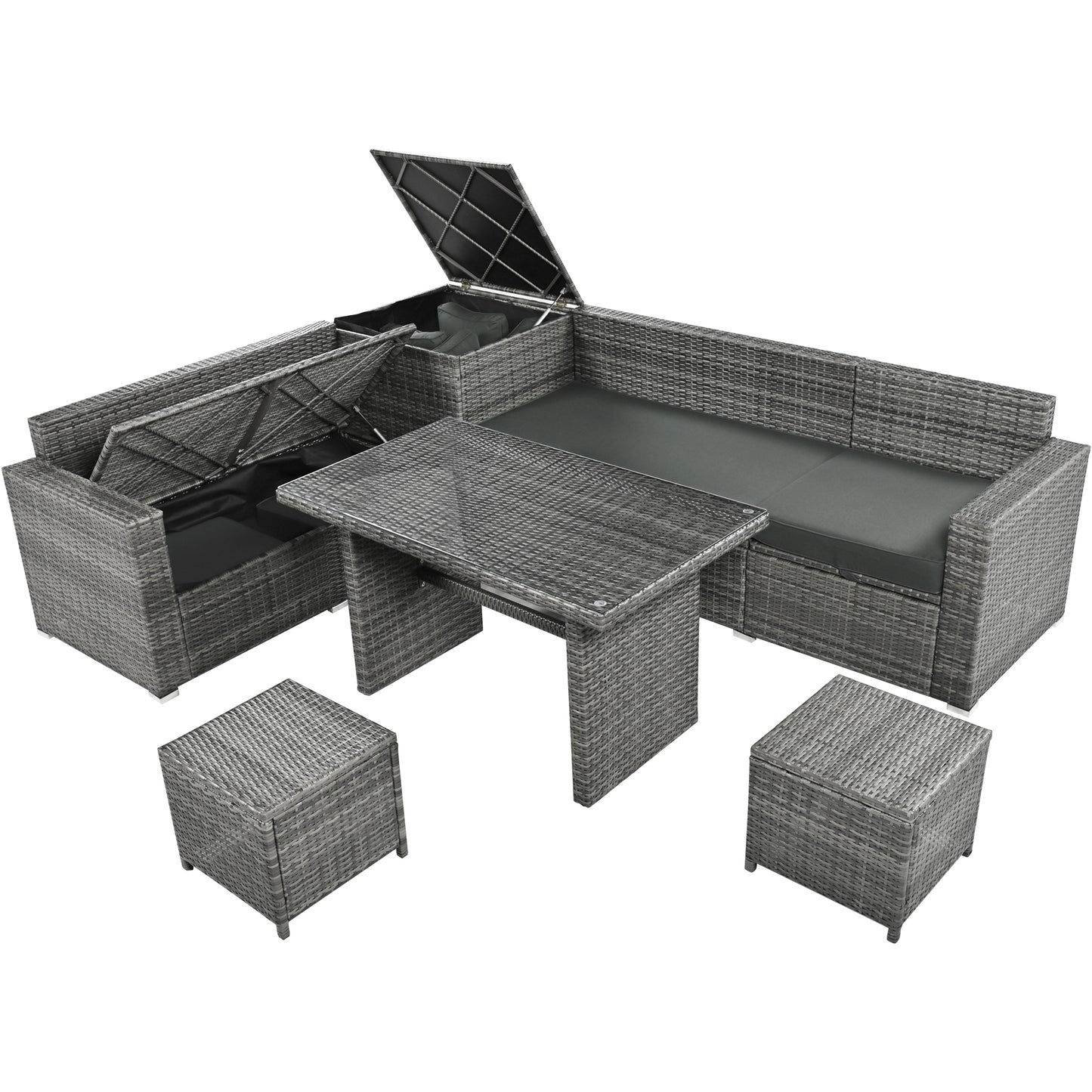 TOPMAX Outdoor 6-Piece All Weather PE Rattan Sofa Set, Garden Patio Wicker Sectional Furniture Set with Adjustable Seat, Storage Box, Removable Covers and Tempered Glass Top Table,Grey