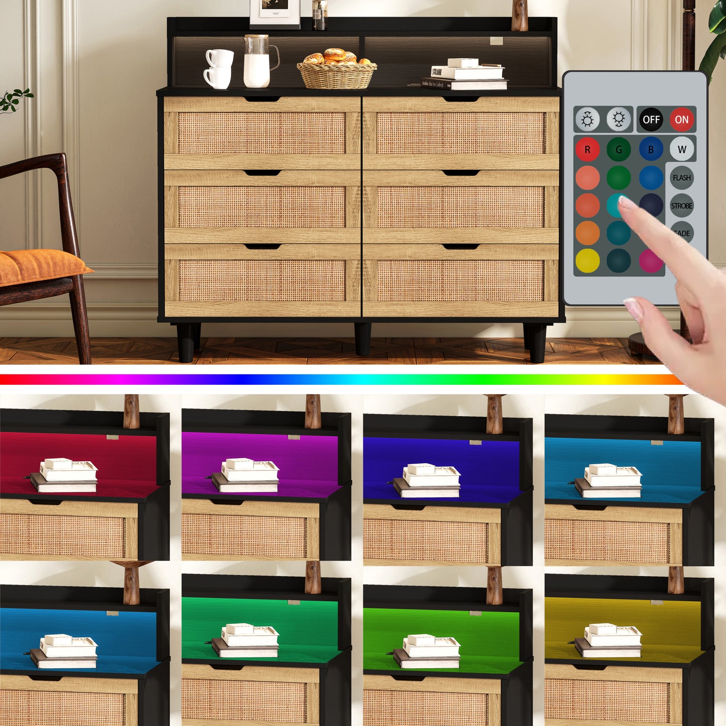 43.31"6-Drawers Rattan Storage Cabinet Rattan Drawer with LED Lights and Power Outlet,for Bedroom,Living Room,Black