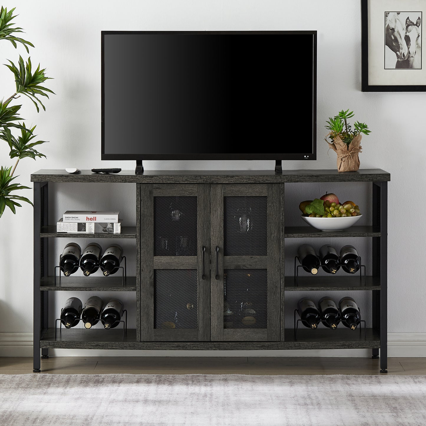 Industrial Wine Bar Cabinet, Liquor Storage Credenza, Sideboard with Wine Racks & Stemware Holder (Dark Grey, 55.12''w x 13.78''d x 30.31' ' h)