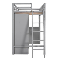 Twin Size Loft Bed with Wardrobe and Drawers, attached Desk with Shelves, Gray