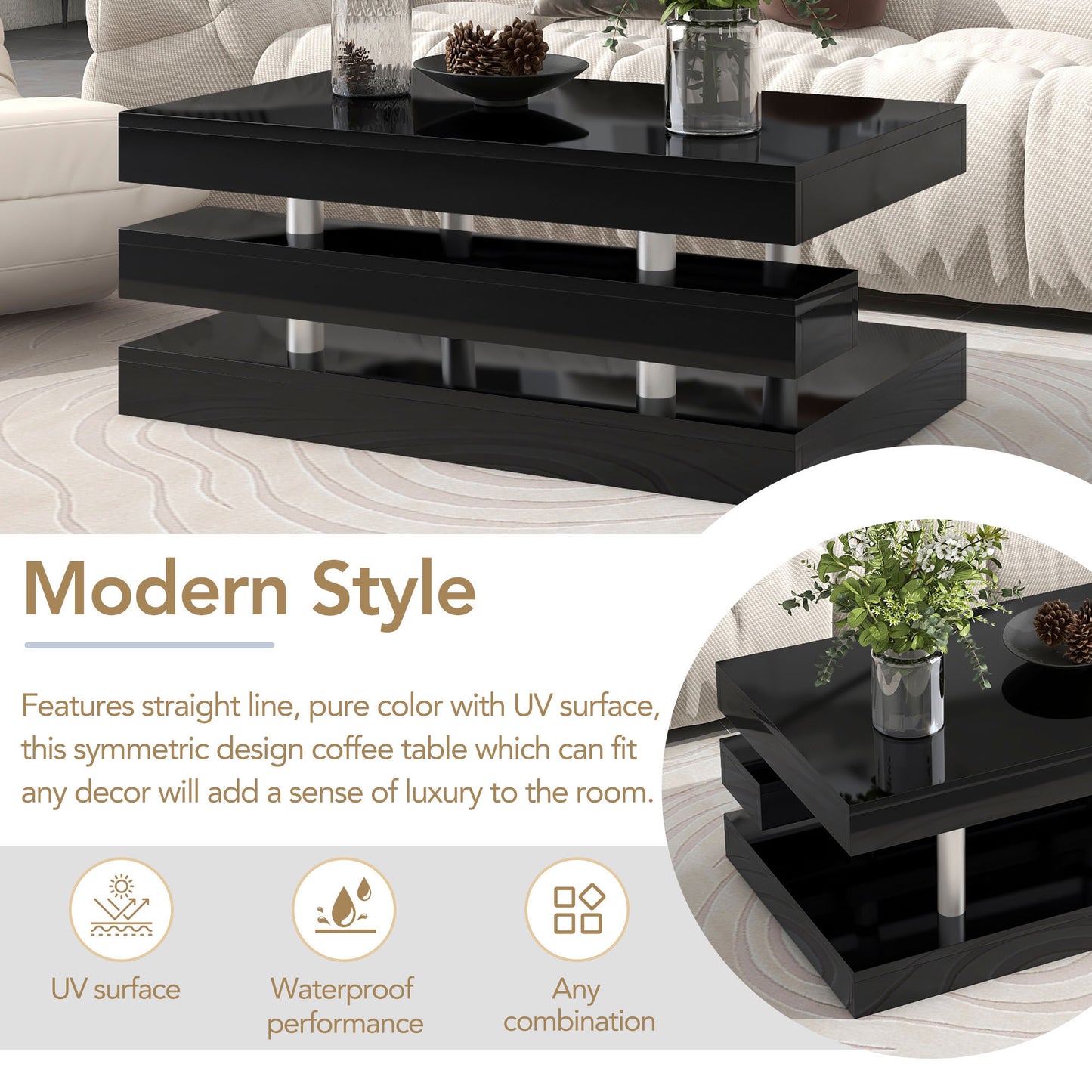 ON-TREND Modern 2-Tier Coffee Table with Silver Metal Legs, Rectangle Cocktail Table with High-gloss UV Surface, Minimalist Design Center Table for Living Room, Black