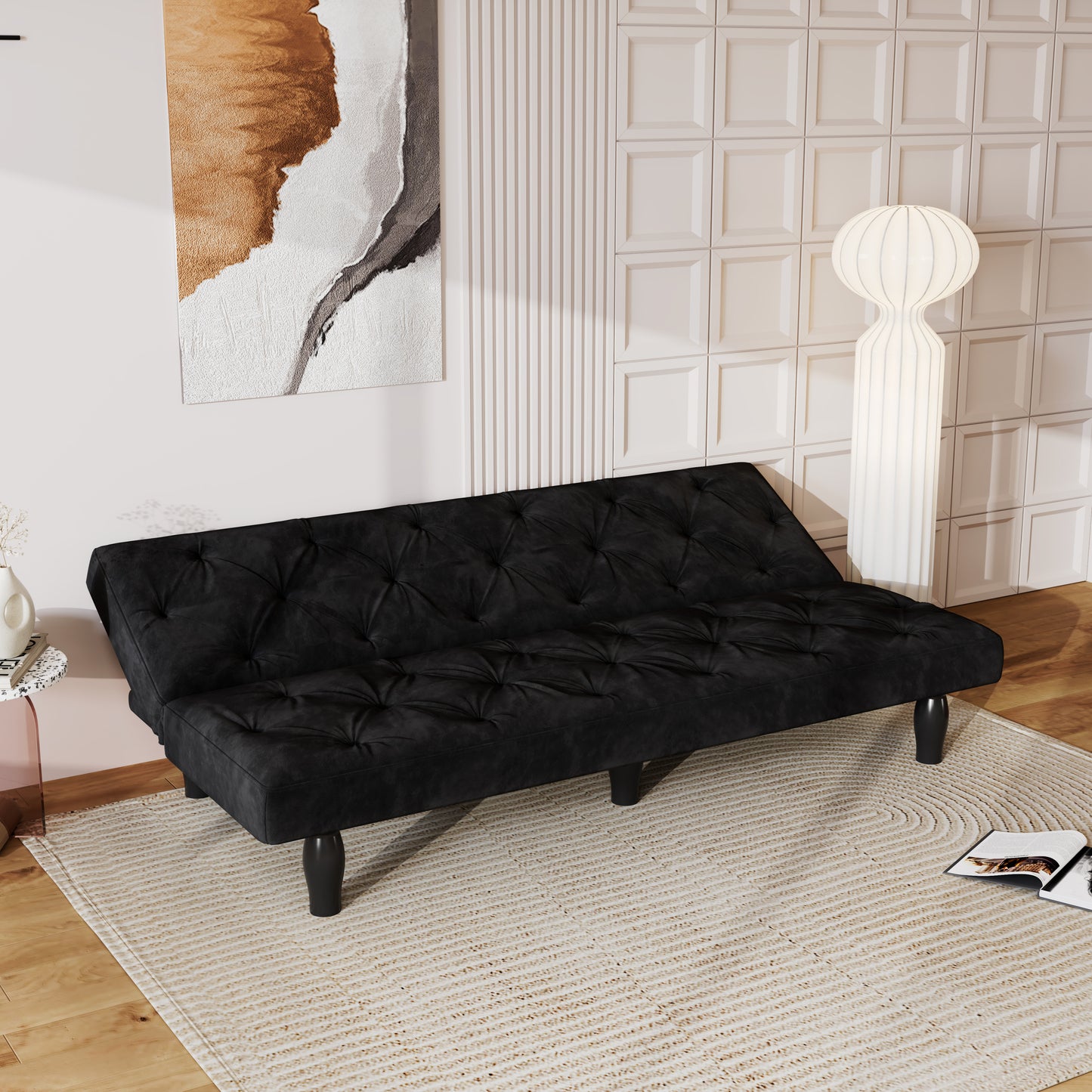 2534B Sofa converts into sofa bed 66" black velvet sofa bed suitable for family living room, apartment, bedroom