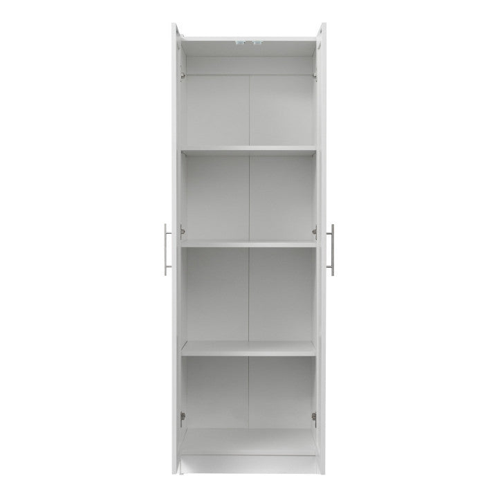 High wardrobe and kitchen cabinet with 2 doors and 3 partitions to separate 4 storage spaces, White