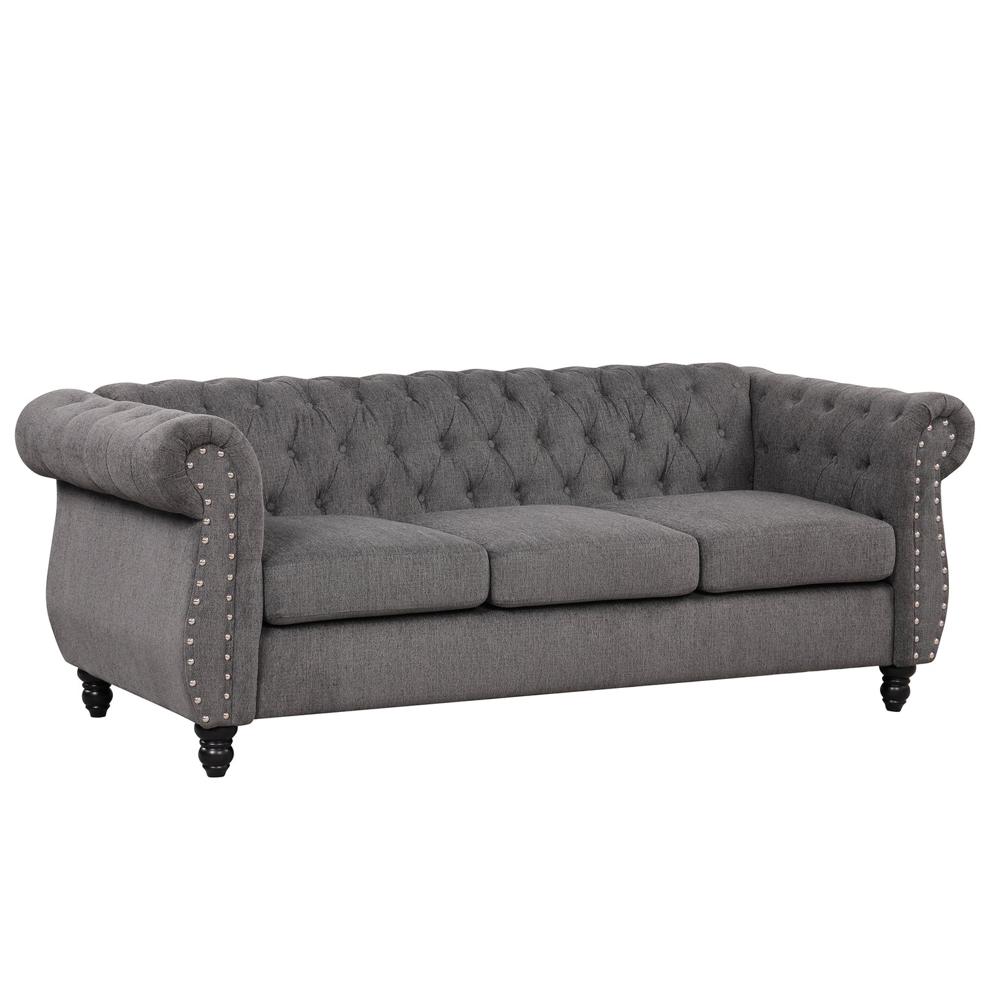 82" modern sofa Dutch plush upholstered sofa, solid wood legs, buttoned tufted backrest, gray