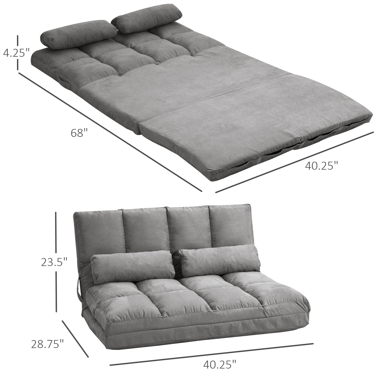 HOMCOM Convertible Floor Sofa Chair, Folding Couch Bed, Guest Chaise Lounge with 2 Pillows, Adjustable Backrest and Headrest, Dark Gray