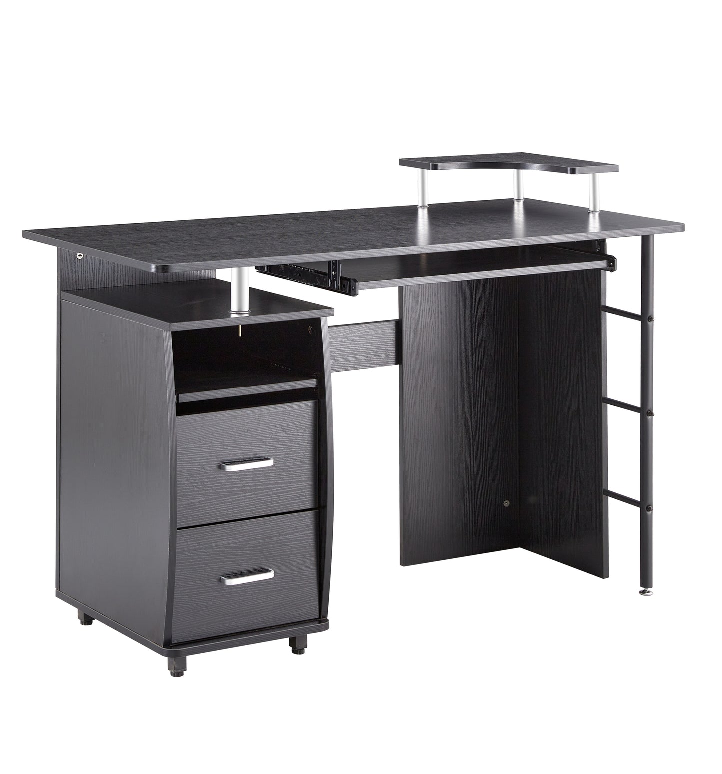 D&N solid wood computer Desk,office table with PC droller, storage shelves and file cabinet , two drawers, CPU tray,a shelf  used for planting, single , black. 47.24''L 21.65''W 34.35''H