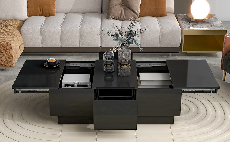 ON-TREND Multifunctional Coffee Table with 2 large Hidden Storage Compartment, Extendable Cocktail Table with 2 Drawers, High-gloss Center Table with Sliding Top for Living Room, 39.3"x21.6", Black