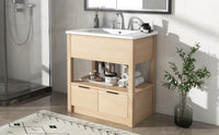 30" Bathroom Vanity with Sink Top, Bathroom Cabinet with Open Storage Shelf and Two Drawers, One Package, Natural