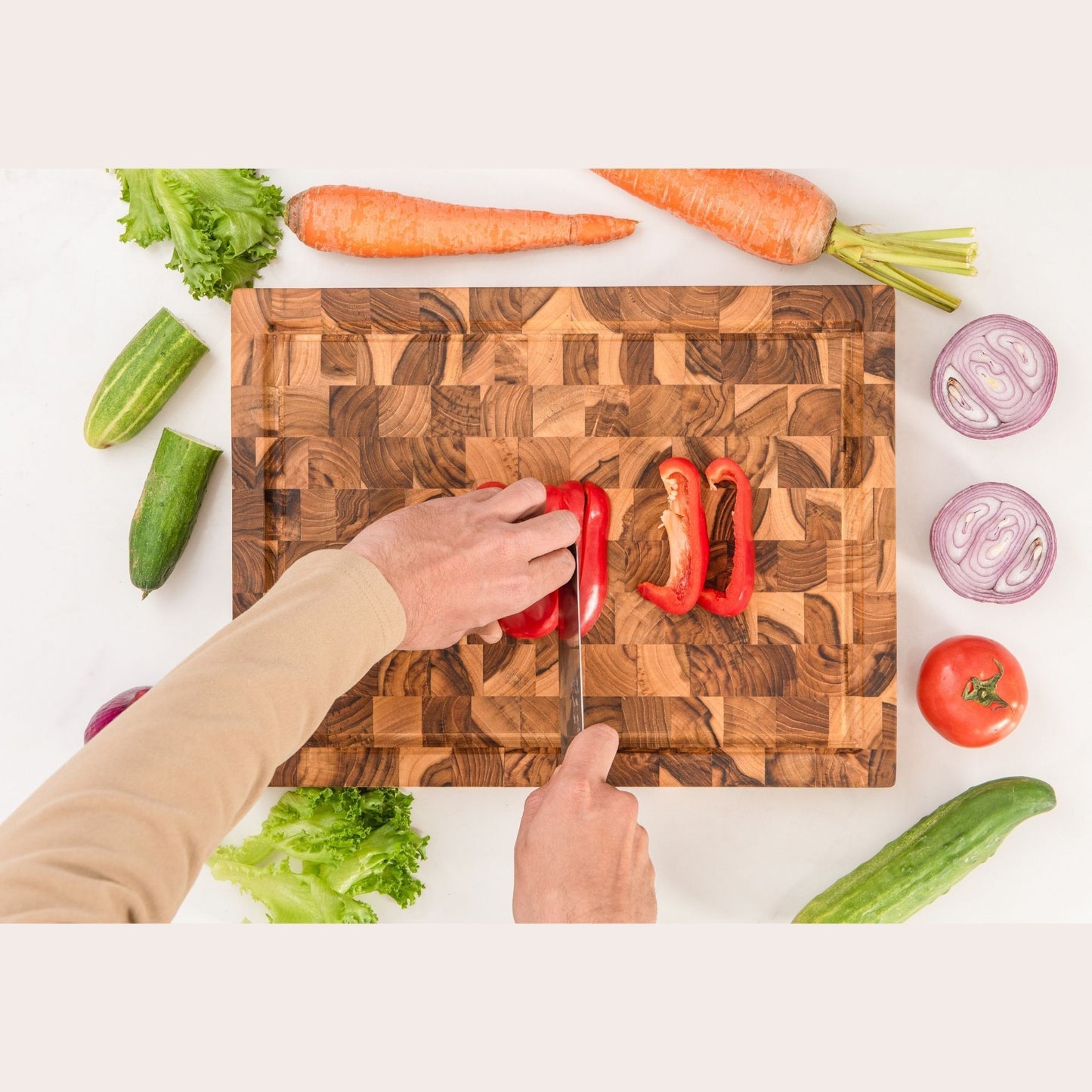 End Grain Teak Cutting Board Reversible Chopping Serving Board Multipurpose Food Safe Thick Board, Medium Size 18x14x1.5 inches (1PCS)