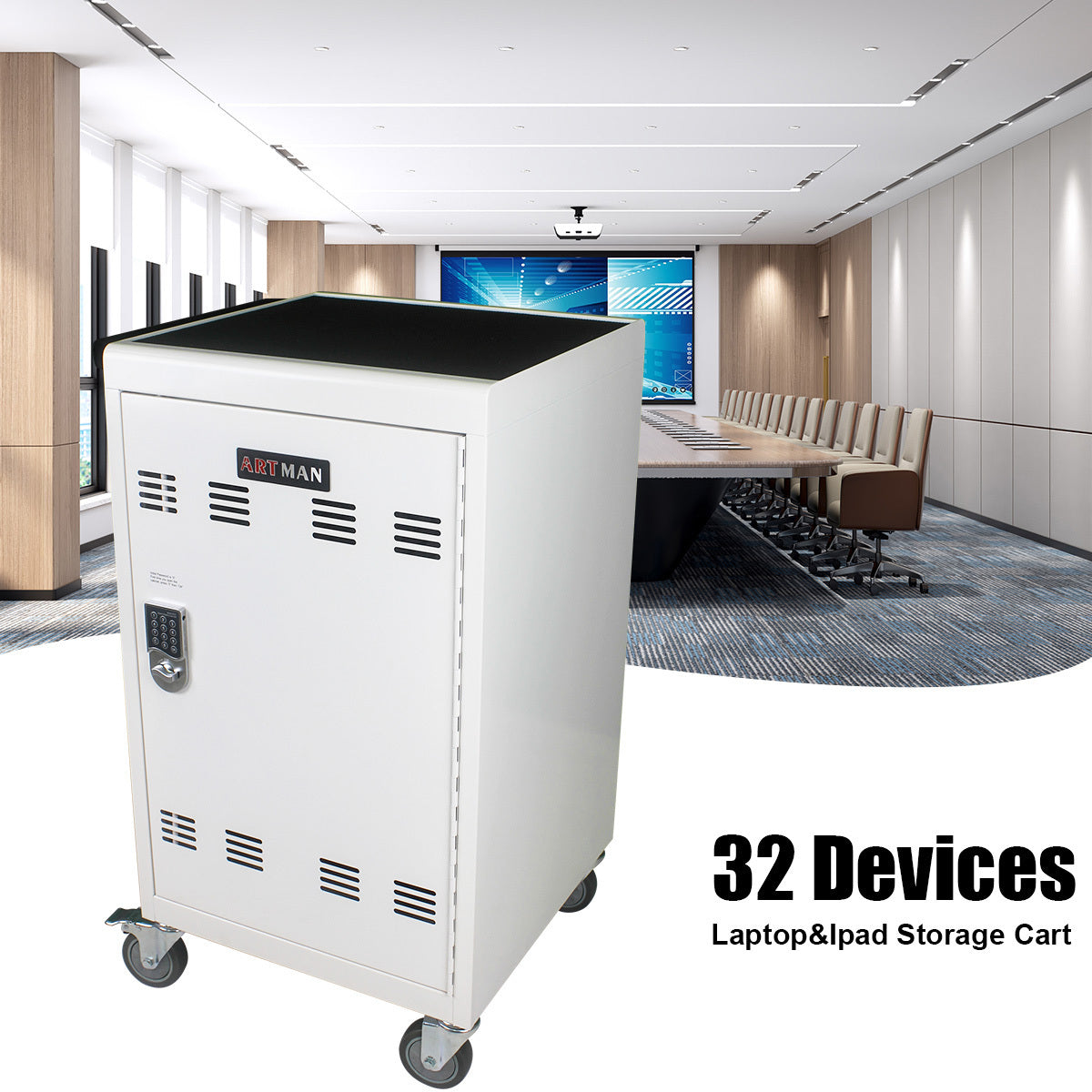 Mobile Charging Cart and Cabinet for Tablets Laptops 30-Device With Combination Lock(White)