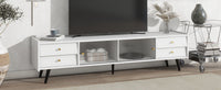 ON-TREND Contemporary TV Stand with Sliding Fluted Glass Doors, Slanted Drawers Media Console for TVs Up to 70", Chic Elegant TV Cabinet with Golden Metal Handles , White