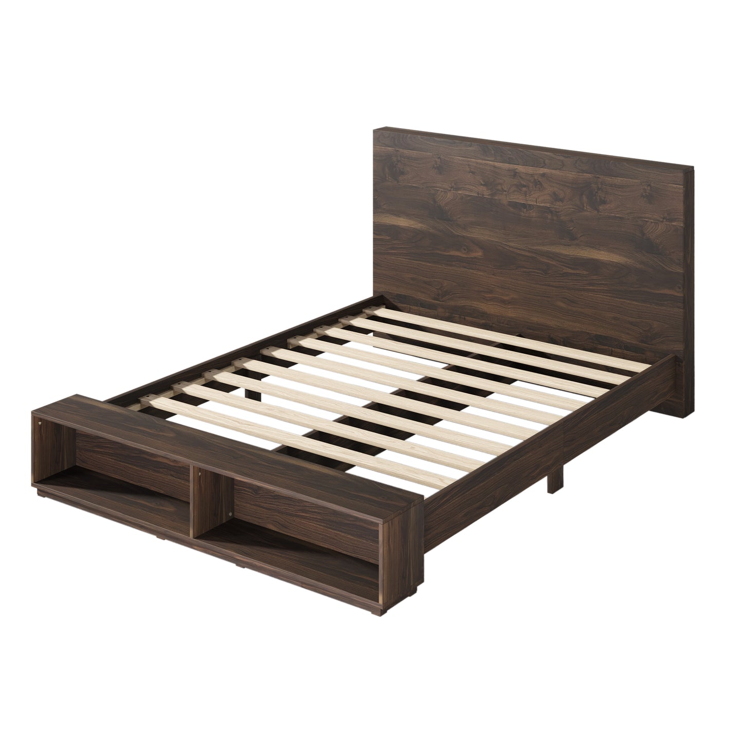 King Size Wood Platform Bed with Storage Bench in Walnut