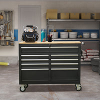 Premium 46-Inch Rolling Tool Chest with Wooden Top and 9 Drawers - 1500 lbs Load Capacity, Casters, Handle, Power Strip, Locking System - Perfect Mobile Storage Cabinet for Your Tools and Equipment.