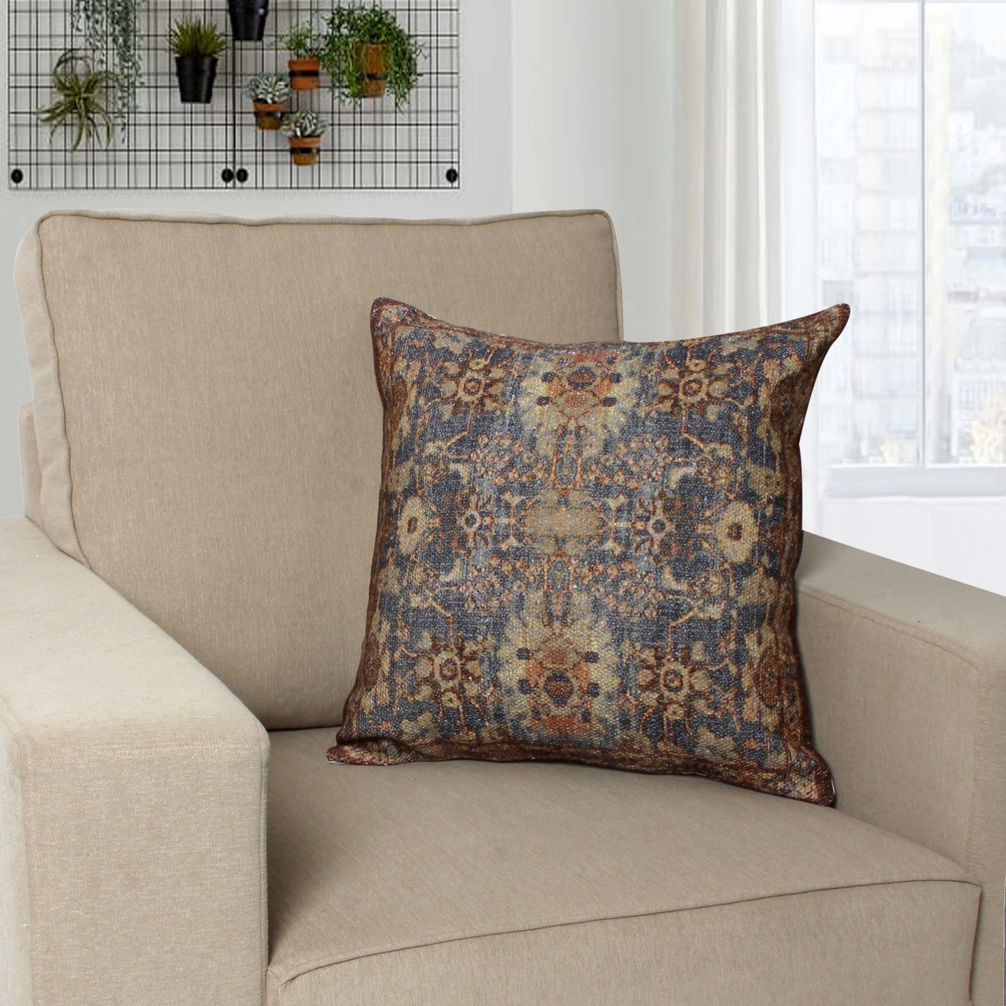 Gib 18 x 18 Handcrafted Square Cotton Accent Throw Pillow, Ornate Vintage Floral Pattern, Blue, Brown