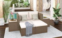 TOPMAX Outdoor 6-Piece Garden Furniture Set, PE Wicker Rattan Sectional Sofa Set with 2 Tea Tables, Brown Wicker+Beige Cushion