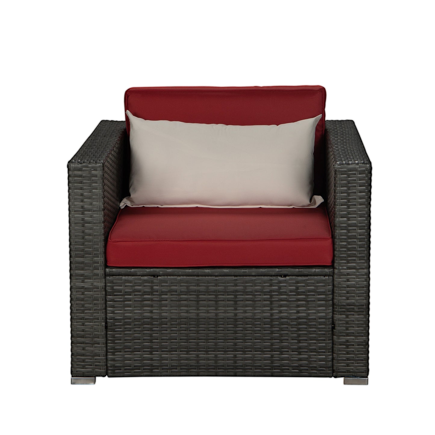 Outdoor Garden Patio Furniture 1-Piece Gray PE Rattan Wicker Sectional Red Cushioned Sofa with 1 Beige Pillow