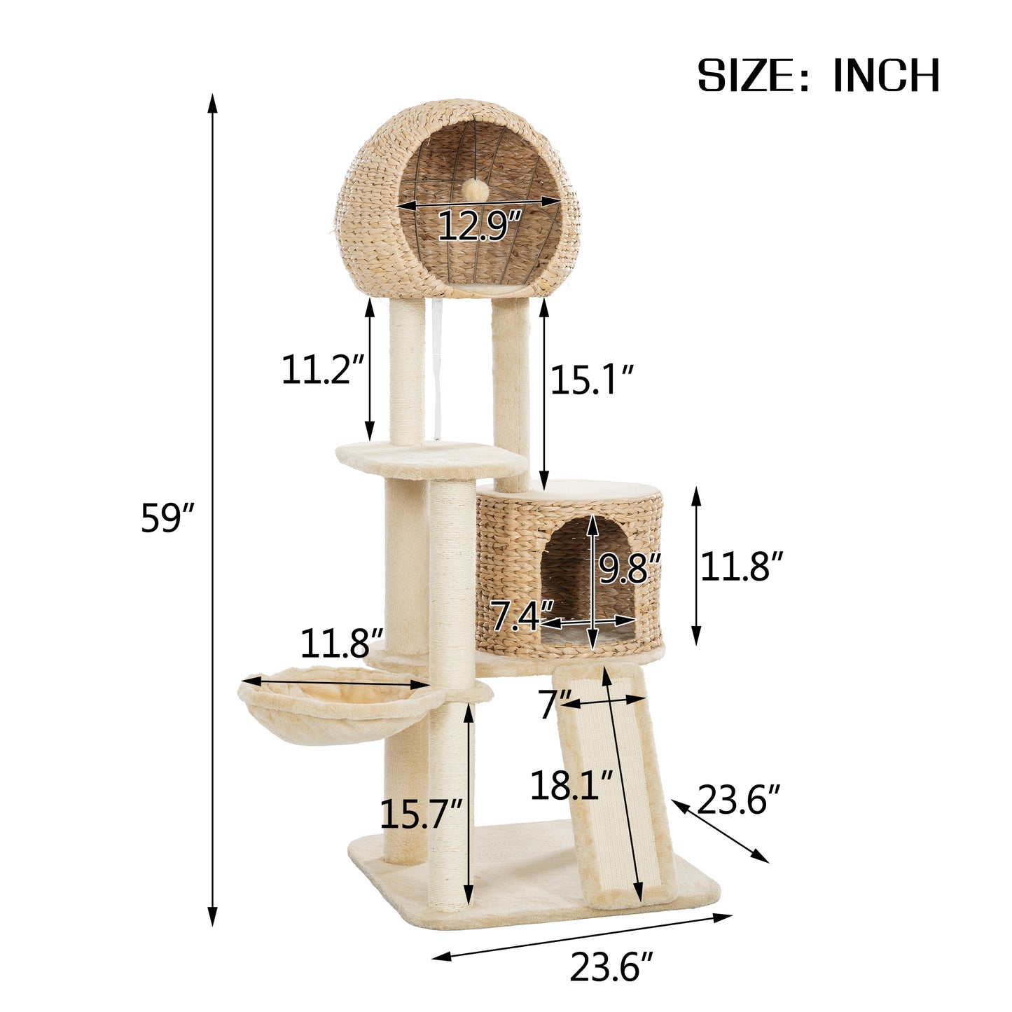 Cat Tree, 59-Inch Cat Tower for Indoor Cats, Plush Multi-Level Cat Condo with 2 Perches, 2 Caves, Cozy Basket and Scratching Board, Beige