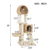 Cat Tree, 59-Inch Cat Tower for Indoor Cats, Plush Multi-Level Cat Condo with 2 Perches, 2 Caves, Cozy Basket and Scratching Board, Beige