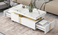 ON-TREND Contemporary Coffee Table with Faux Marble Top, Rectangle Cocktail Table with Caster Wheels, Moderate Luxury Center Table with Gold Metal Bars for Living Room, White