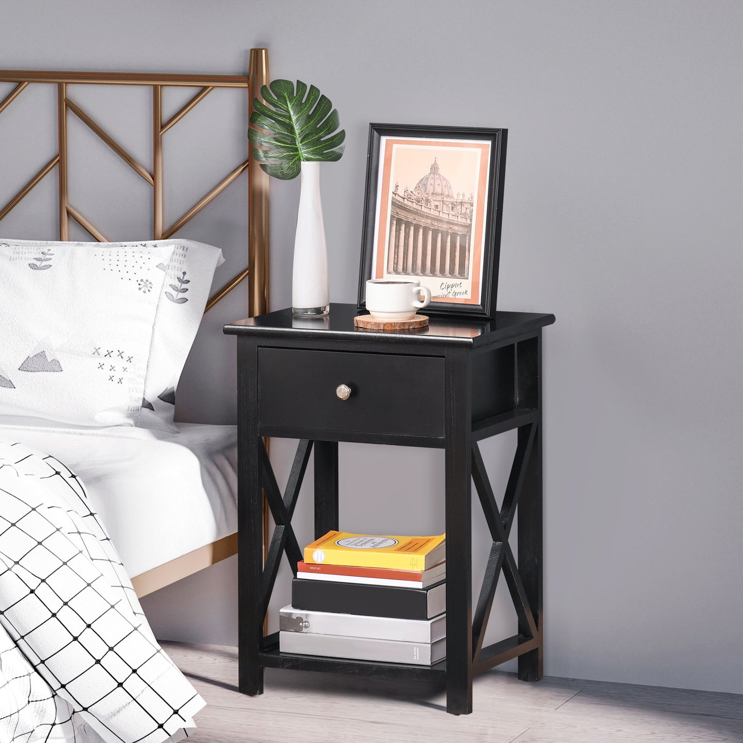 HOMCOM Side Table, Farmhouse End Table with Storage Drawer, Open Shelf and X-frame, Bedside Table for Living Room, Black