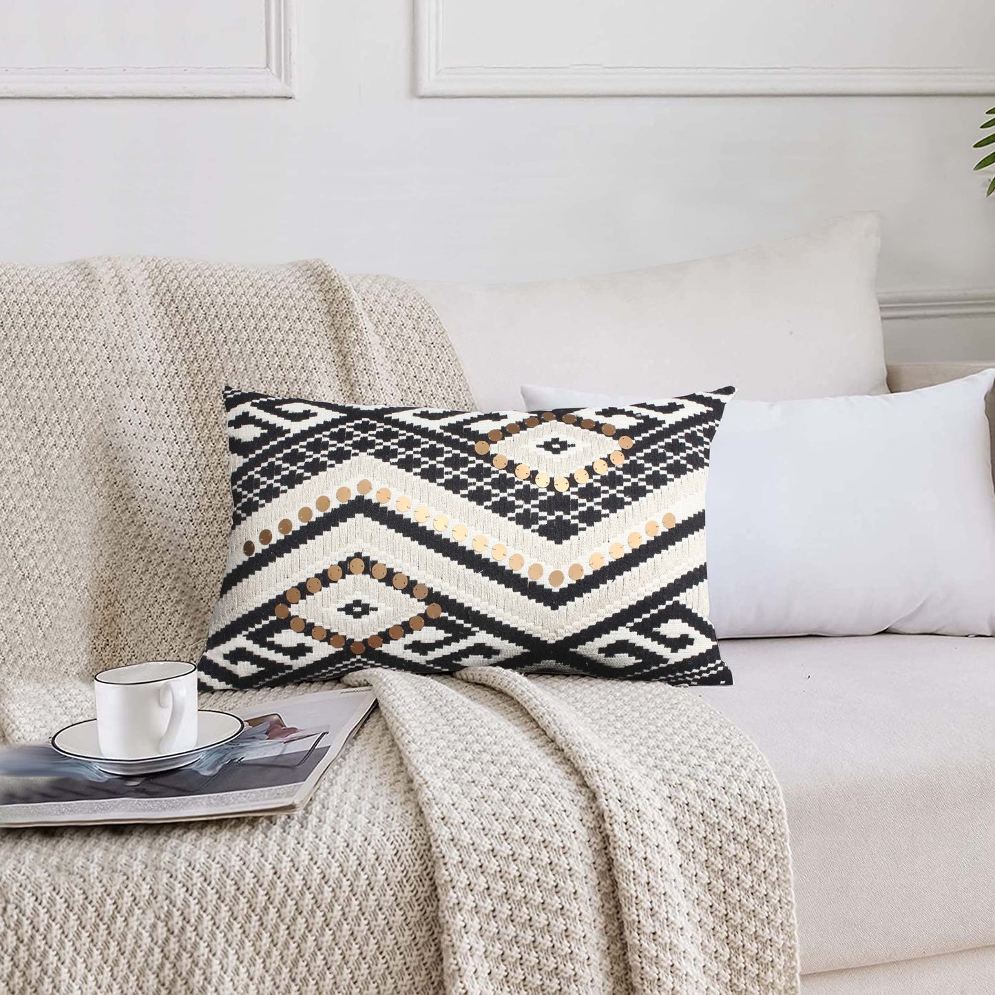 12 x 20 Rectangular Handwoven Jacquard Accent Lumbar Throw Pillow, Sequins, Geometric Design, White, Black