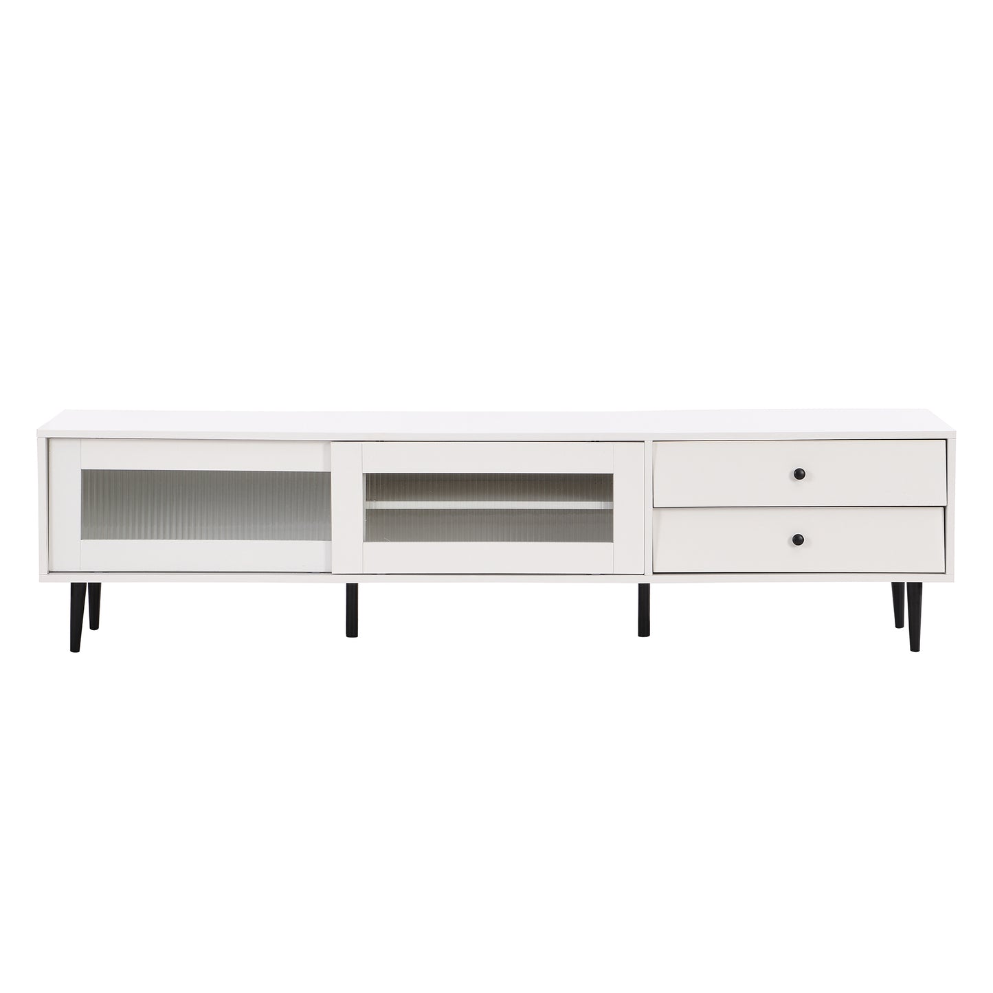 ON-TREND Chic Elegant Design TV Stand with Sliding Fluted Glass Doors, Slanted Drawers Media Console for TVs Up to 75", Modern TV Cabinet with Ample Storage Space, White