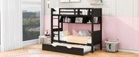 Twin-Over-Twin Bunk Bed with Twin size Trundle , Separable Bunk Bed with Bookshelf for Bedroom -Espresso