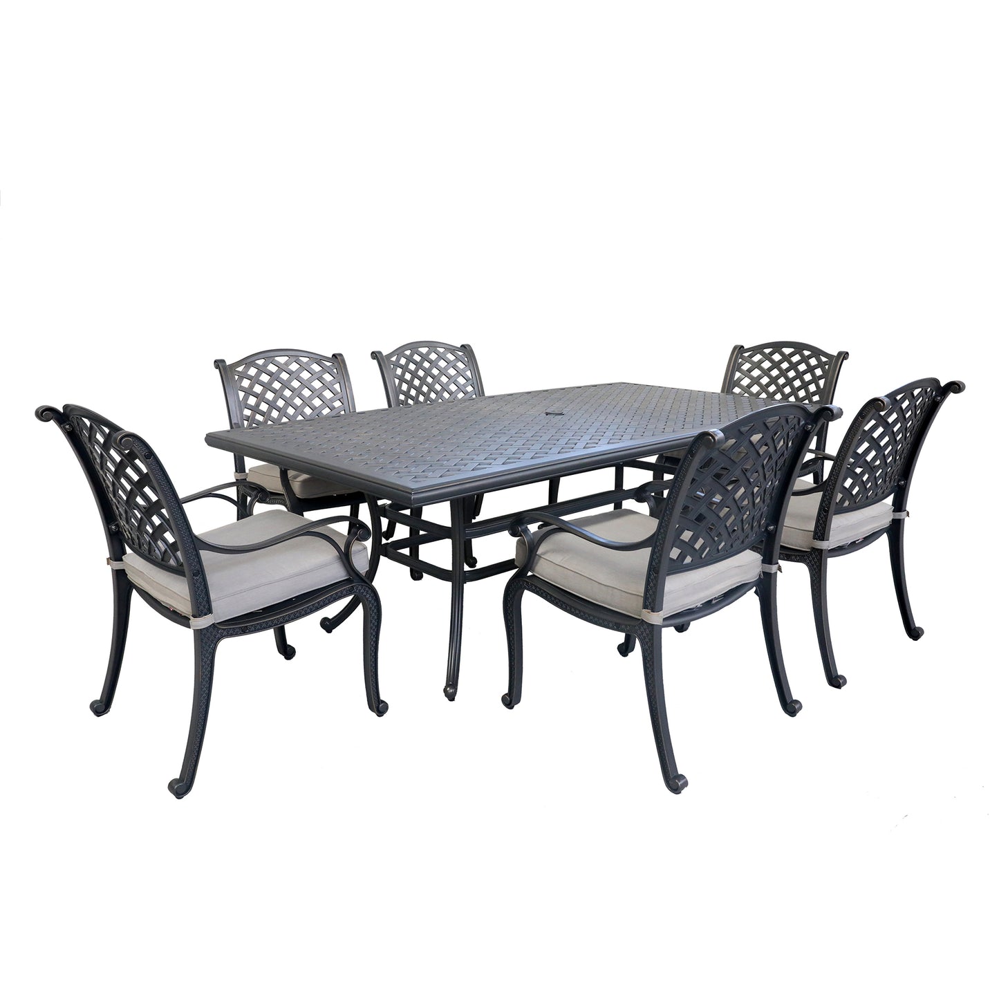 Cast Aluminum 7-Piece Rectangular Dining Set with 6 Arm chairs, Sand dollar cushion