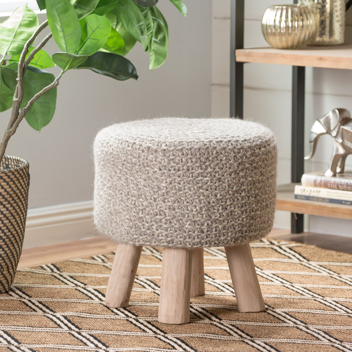 Montana Handcrafted Boho Wool Ottoman Stool, Gray and Natural