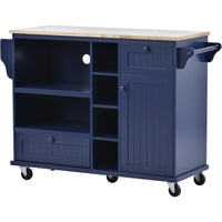 Kitchen Island Cart with Storage Cabinet and Two Locking Wheels,Solid wood desktop,Microwave cabinet,Floor Standing Buffet Server Sideboard for Kitchen Room,Dining Room,, Bathroom(Dark blue)