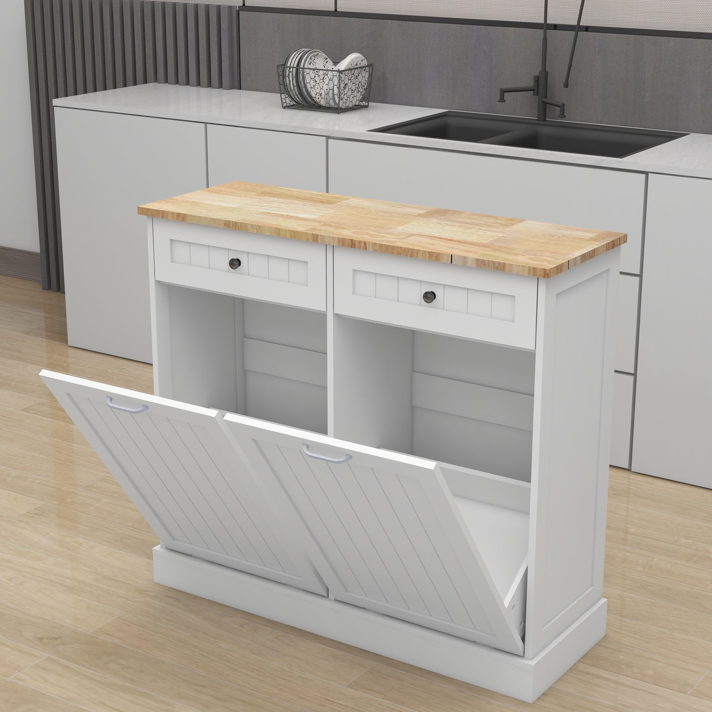 Two Drawers and Two-Compartment Tilt-Out Trash Cabinet Kitchen Trash Cabinet-White