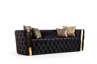 Naomi Button Tufted 3 Pc Sofa Set with Velvet Fabric and Gold Accent in Black