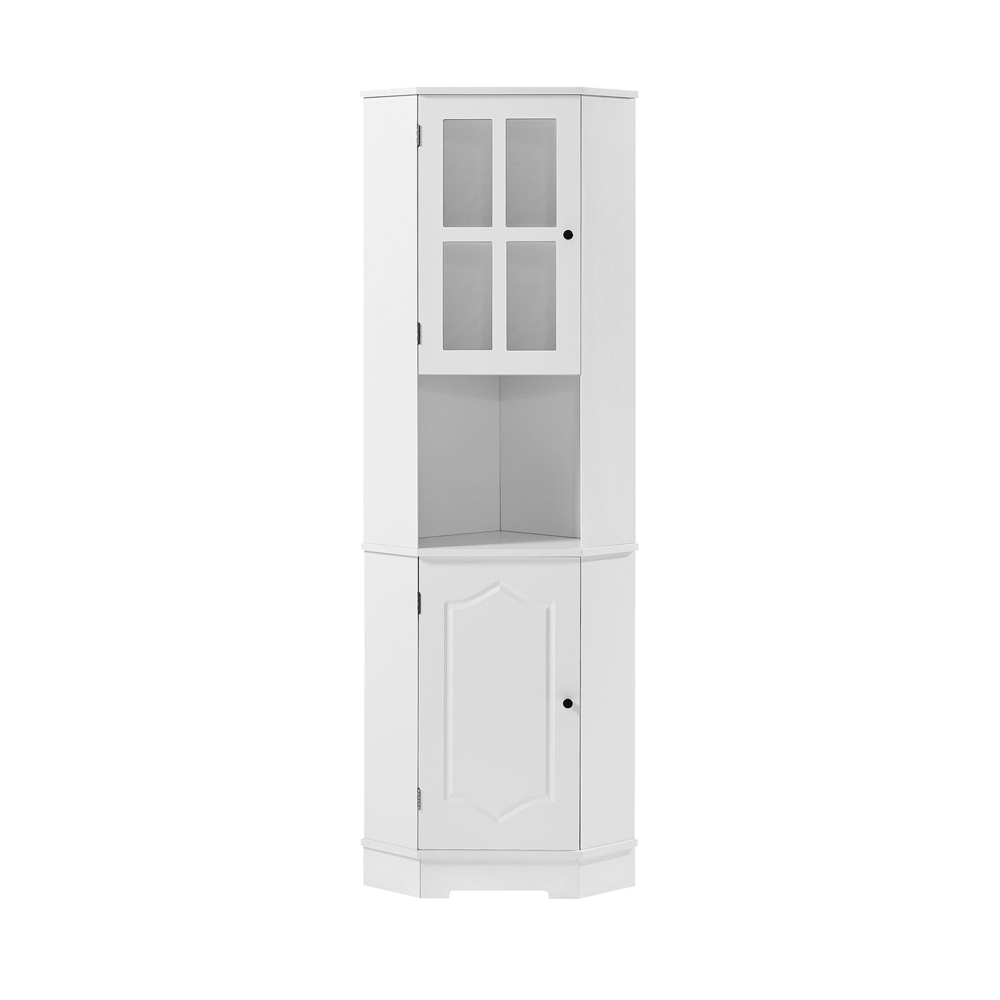 Tall Bathroom Storage Cabinet, Corner Cabinet with Glass Door, Open Storage, Adjustable Shelf, White